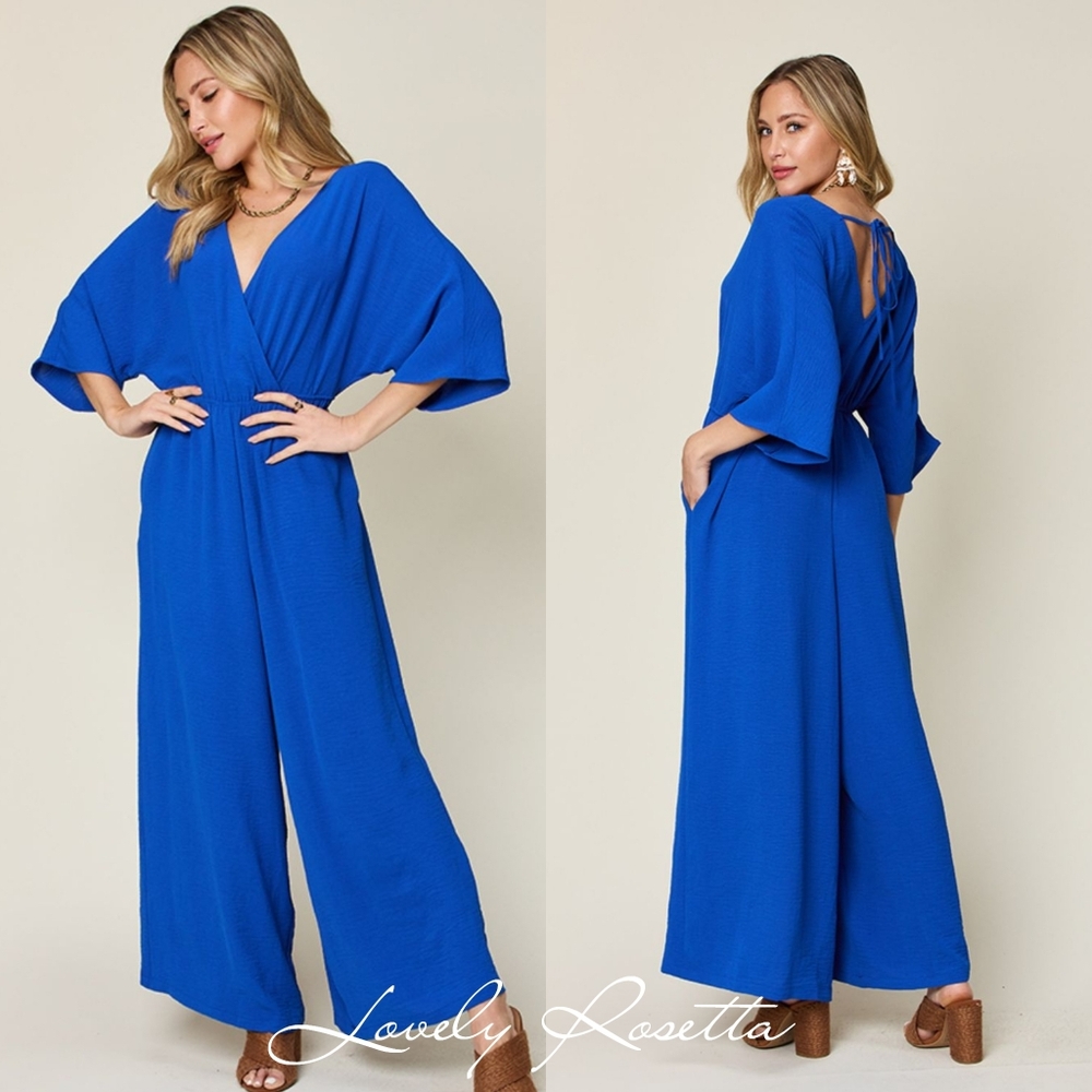 Blue Wide-Leg Surplice Jumpsuit - Picture 9 of 15